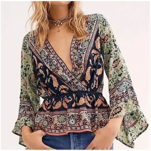 Free People Long Sleeve Printed Rosalie Peplum Wrap Top Blouse SzXS Peasant Boho